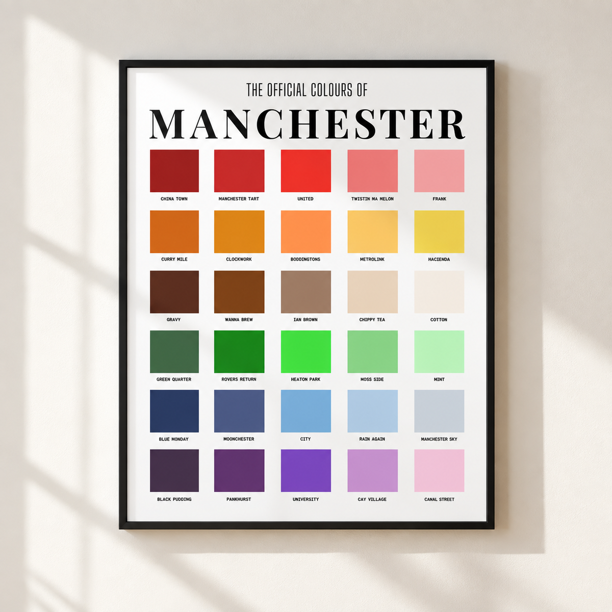 Manchester wall art print featuring colourful Mancunian colour chart and local Manchester references