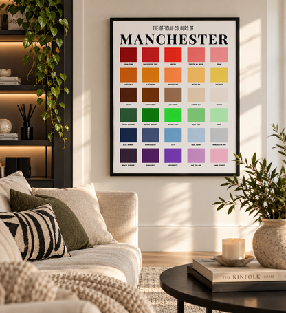 Colourful Manchester typography print styled as contemporary hallway wall decor
