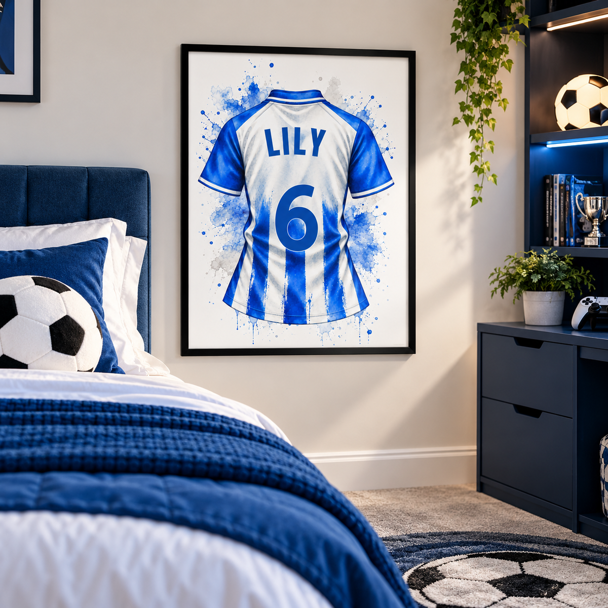A framed wall art print featuring a blue and white striped soccer jersey with the name LILY and number 6, displayed above a bed in a styled bedroom with soccer-themed decor.