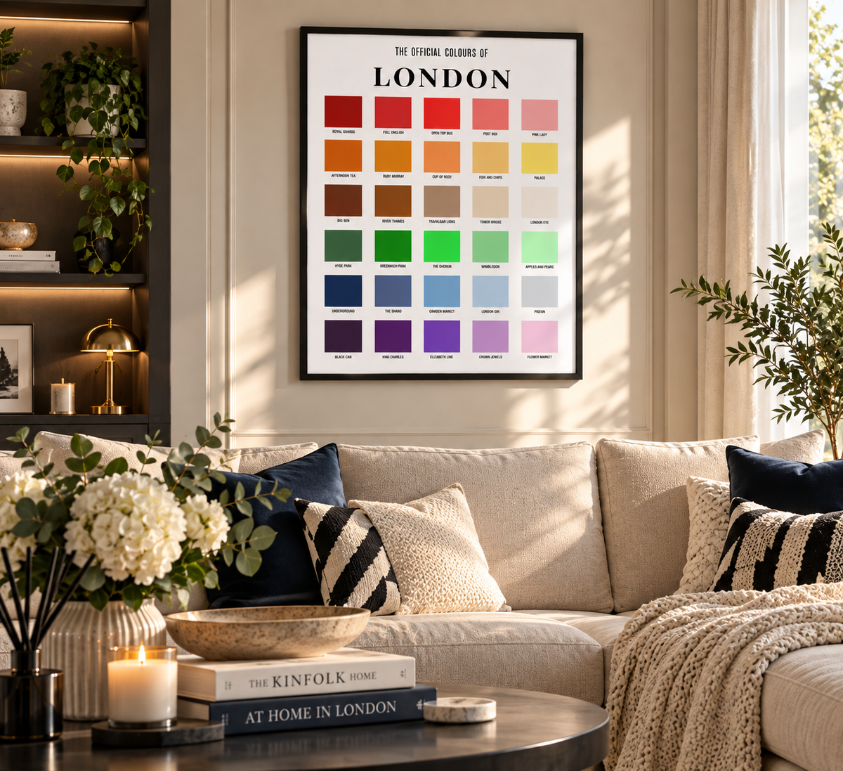 London colour chart wall art displayed in black frame in contemporary home interior