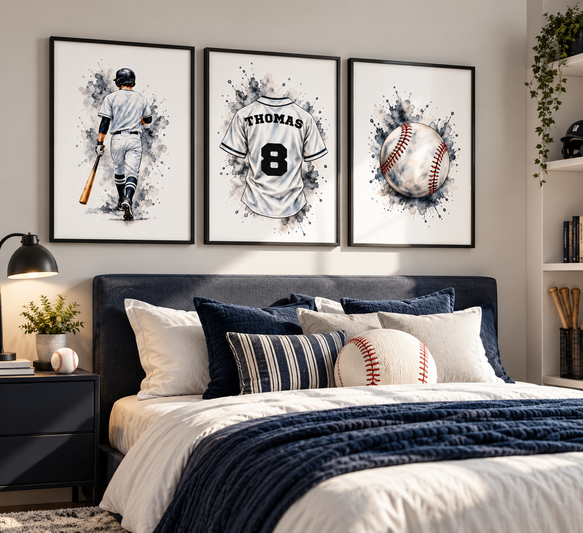 Three framed baseball-themed wall art prints hang above a bed in a styled bedroom. The prints show a watercolor-style baseball player, a white baseball jersey with the number 8 and the name THOMAS, and a baseball with red stitching.