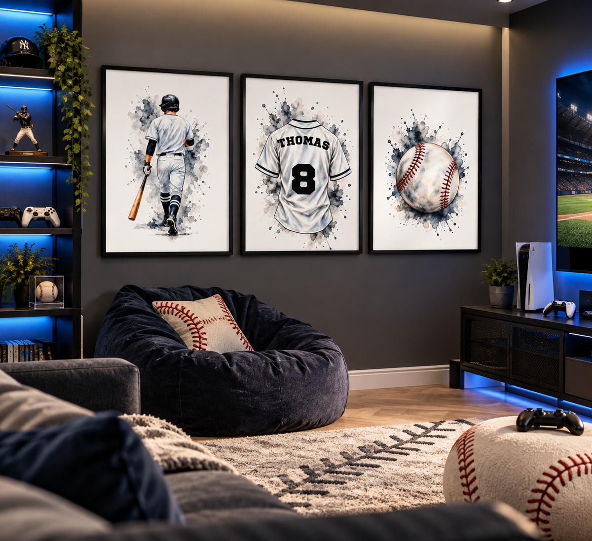 A styled home theater or lounge room featuring three framed baseball-themed wall art prints above a dark beanbag chair. The prints show a baseball player with a bat, a baseball jersey with the name THOMAS and number 8, and a baseball with a watercolor splatter effect.