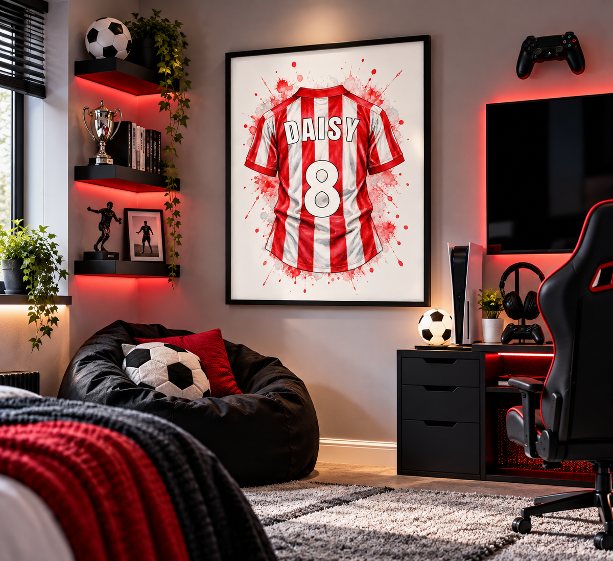 A framed wall art print featuring a red and white striped soccer jersey with the name 'DAISY' and number 8, displayed in a modern gaming room with a beanbag chair, desk, and red ambient lighting.