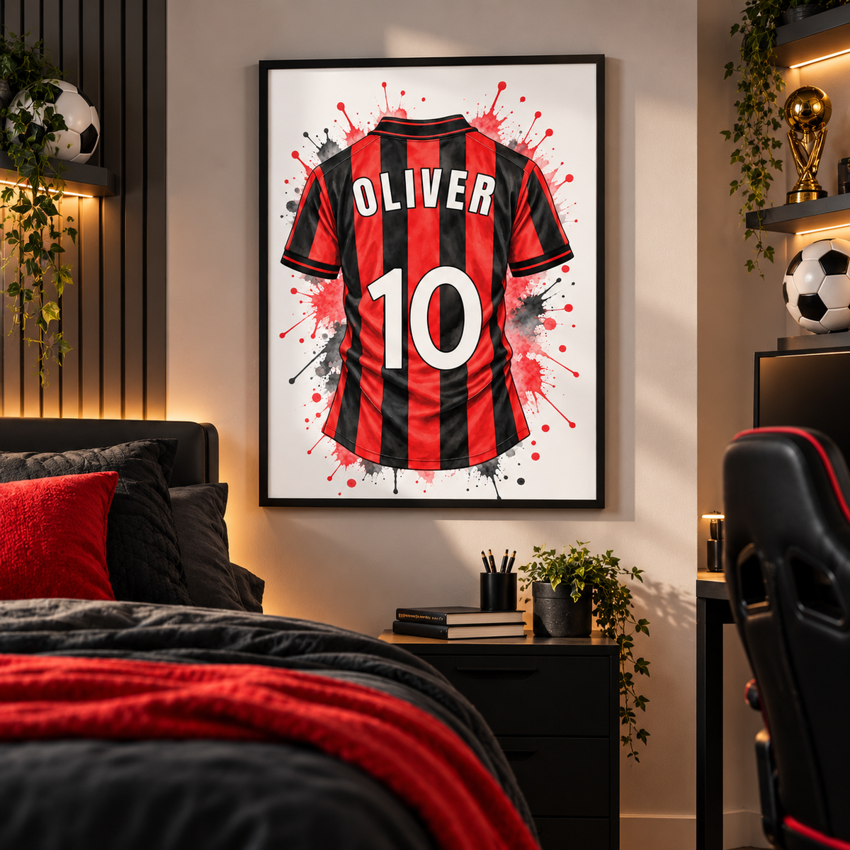 Custom football shirt wall art personalised with Oliver name and number 10 in red and black