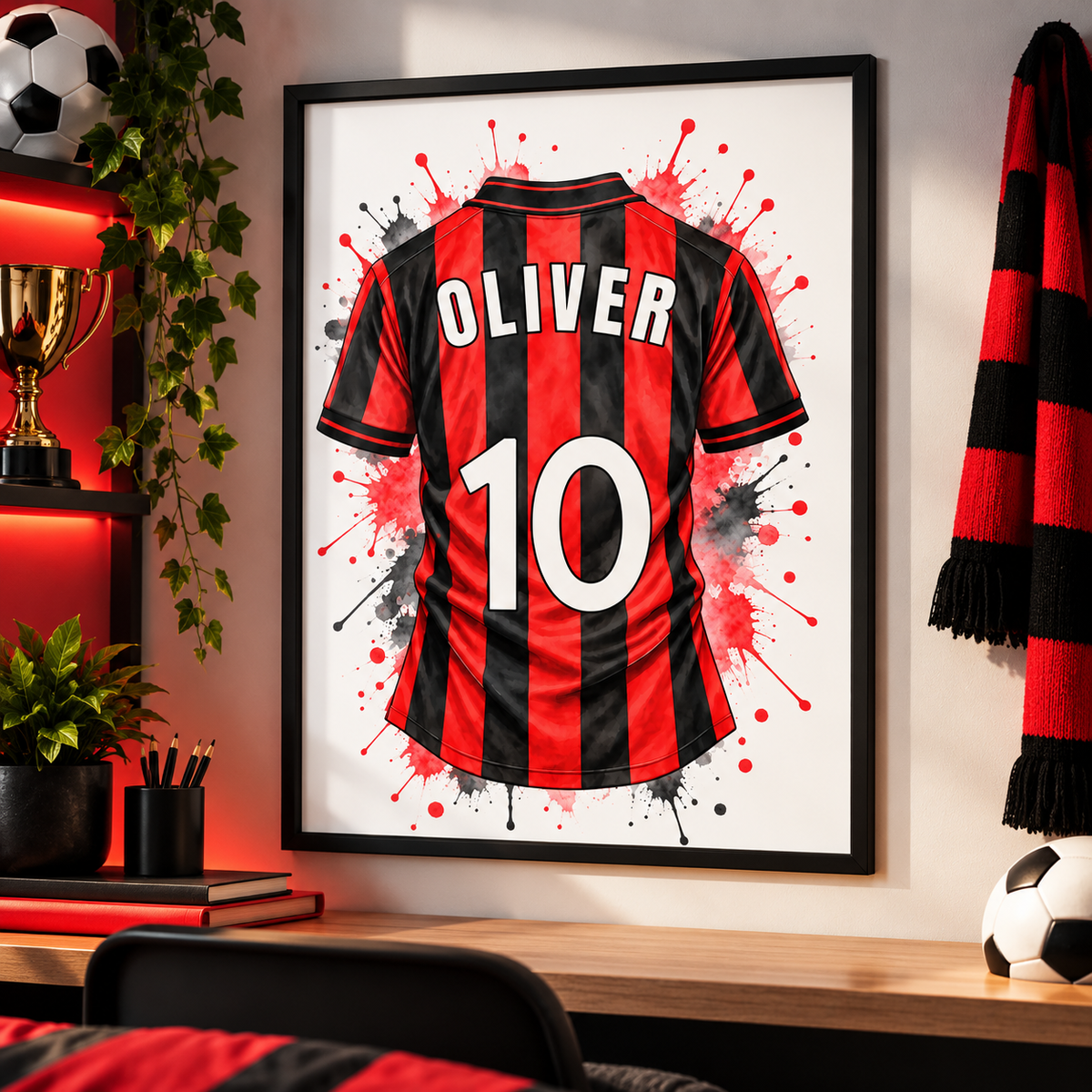 Personalised red and black striped football shirt watercolour print with custom name and number