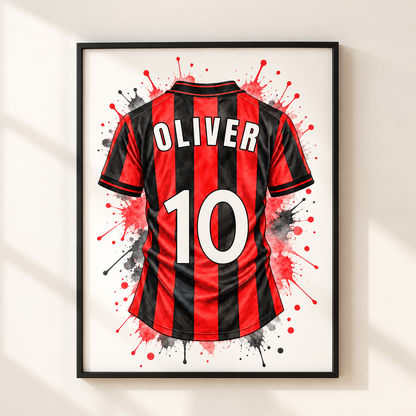 Bournemouth inspired personalised football shirt print with custom name and number red black watercolour wall art