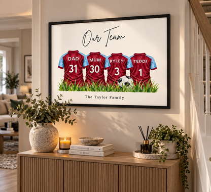 Our Team personalised football family print with Dad Mum Ryley Teddi custom names and numbers