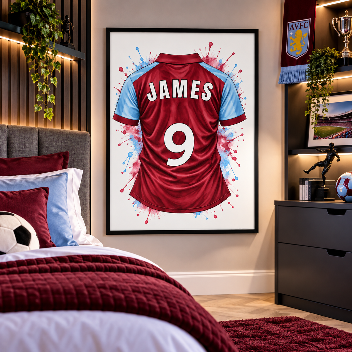 Personalised claret and blue football shirt print displayed in kids football bedroom