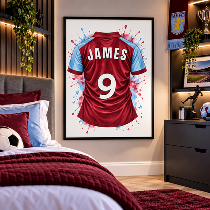 Personalised claret and blue football shirt print displayed in kids football bedroom