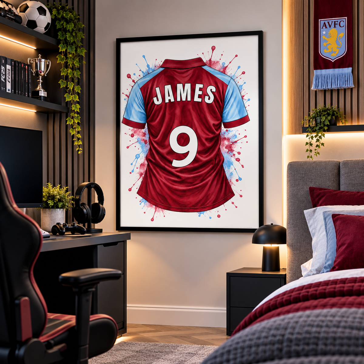 Aston Villa inspired personalised football wall art displayed in kids gaming room