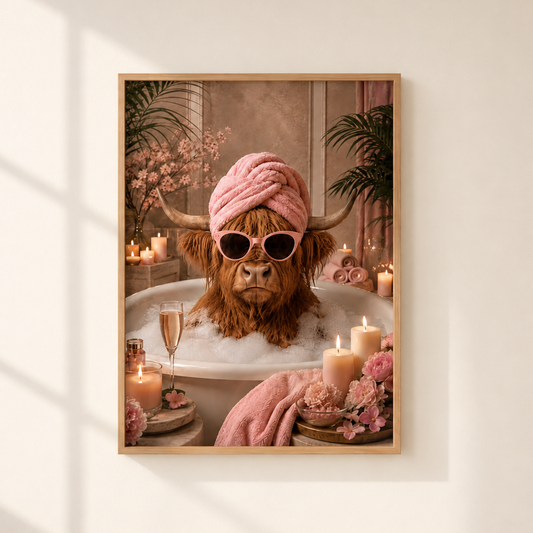 A framed art print hanging on a light beige wall, featuring a highland cow in a pink towel wrap and sunglasses, sitting in a bubble bath with candles and flowers.