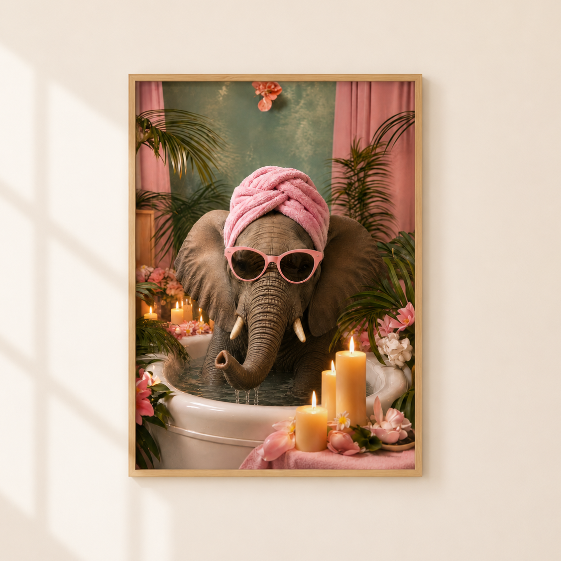 A framed art print featuring a whimsical illustration of an elephant relaxing in a bathtub with a pink towel wrap and sunglasses, surrounded by candles, flowers, and tropical plants, displayed on a beige wall with soft window shadow light.