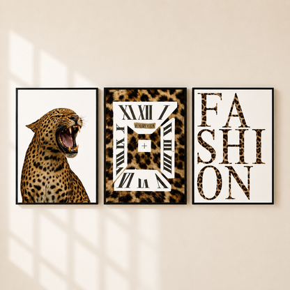Three framed wall art prints displayed side by side on a beige wall. The left print shows a roaring leopard in tan and black spots on a white background.