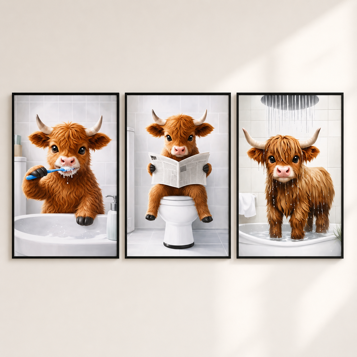 Three framed wall art prints showing a fluffy brown Highland cow in bathroom scenes, displayed side by side on a light beige wall. The left print shows the cow brushing its teeth in a sink, the center shows it reading a newspaper on a toilet, and the right shows it standing in a shower under running water.
