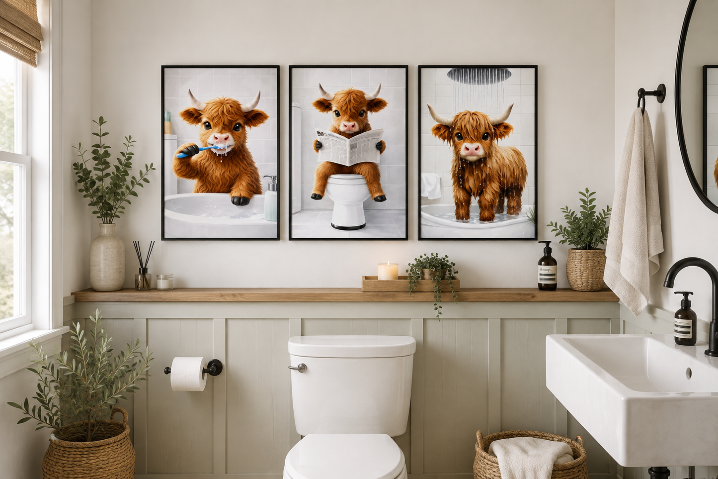 A styled bathroom interior featuring a three-piece framed wall art set of cute Highland cows in a bathtub, sitting on a toilet, and standing in a shower. The room includes a white toilet, a white sink, a wooden shelf with candles and plants, and neutral-toned walls.