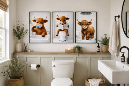 A styled bathroom interior featuring a three-piece framed wall art set of cute Highland cows in a bathtub, sitting on a toilet, and standing in a shower. The room includes a white toilet, a white sink, a wooden shelf with candles and plants, and neutral-toned walls.