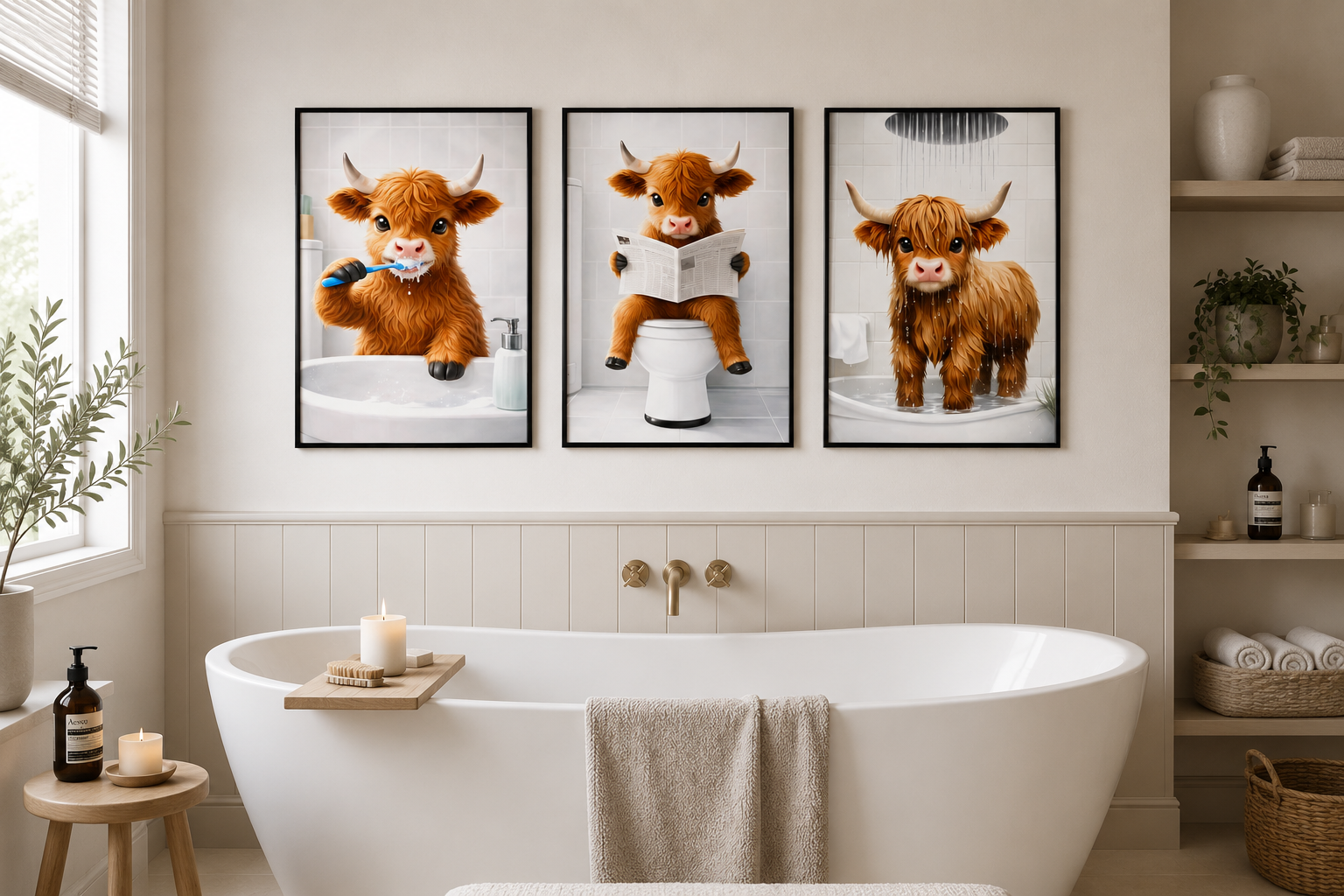 Three framed vertical art prints featuring cartoon Highland cows in bathroom scenes, displayed on a beige wall above a white freestanding bathtub in a styled bathroom setting.