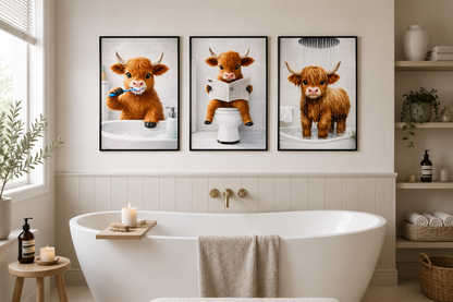 Three framed vertical art prints featuring cartoon Highland cows in bathroom scenes, displayed on a beige wall above a white freestanding bathtub in a styled bathroom setting.