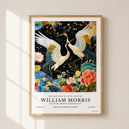 A framed art print featuring a vintage-style poster design with two white cranes among colorful flowers on a dark background, mounted on a light beige wall with soft window shadows.