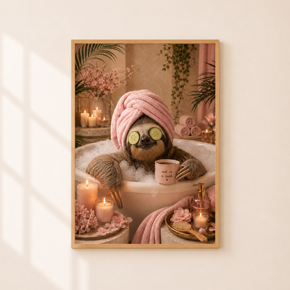 A framed wall art print showing a sloth relaxing in a bubble bath with a pink towel wrap, candles, flowers, and spa accessories, displayed on a light beige wall with soft window shadows.