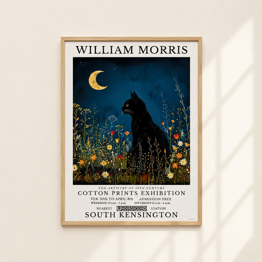 A framed vintage-style poster on a warm off-white wall, featuring a black cat in a flower field under a crescent moon, with text reading 'William Morris' and 'Cotton Prints Exhibition, South Kensington.'.