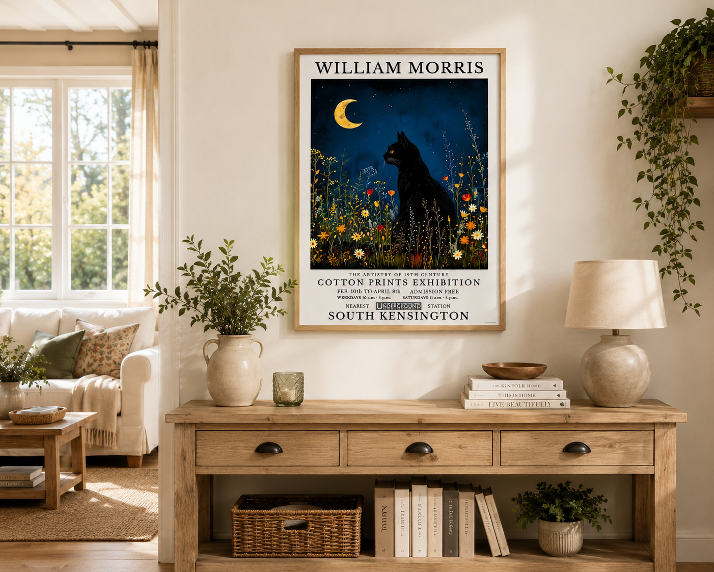 A framed William Morris poster featuring a black cat in a flower field under a crescent moon, displayed on a cream wall above a rustic wooden console table in a styled living room.