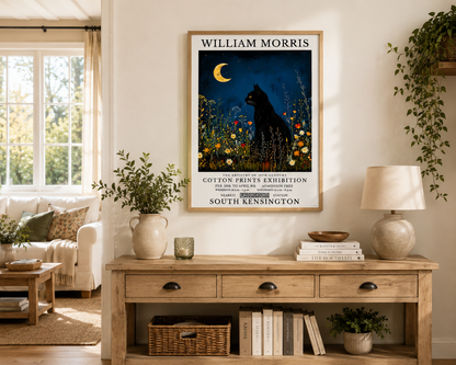 A framed William Morris poster featuring a black cat in a flower field under a crescent moon, displayed on a cream wall above a rustic wooden console table in a styled living room.