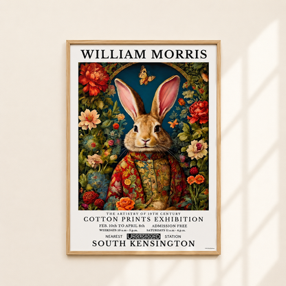 A framed vintage-style poster featuring a rabbit in a floral illustration, hung on a light beige wall with soft window shadows. The poster reads 'WILLIAM MORRIS' at the top and includes exhibition text at the bottom.