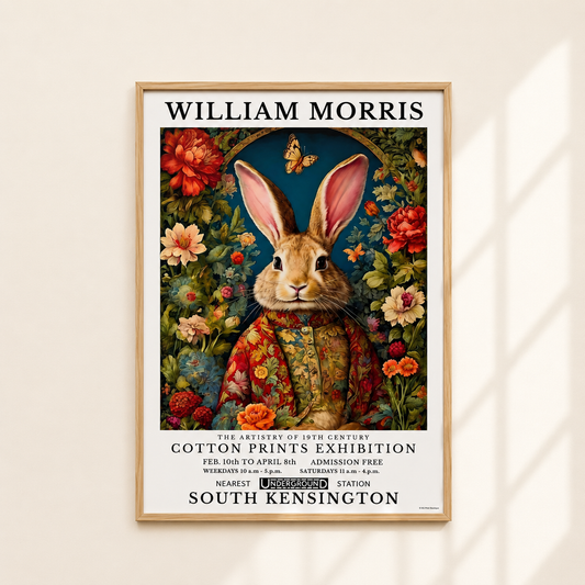 A framed vintage-style poster featuring a rabbit in a floral illustration, hung on a light beige wall with soft window shadows. The poster reads 'WILLIAM MORRIS' at the top and includes exhibition text at the bottom.