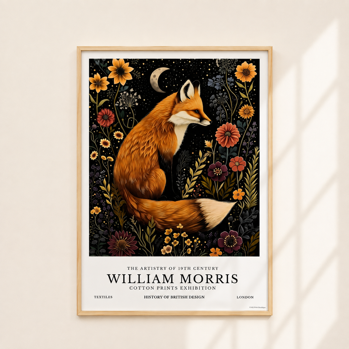 A framed William Morris art print featuring an illustrated fox among flowers on a dark background, mounted on a light beige wall with soft window shadows.