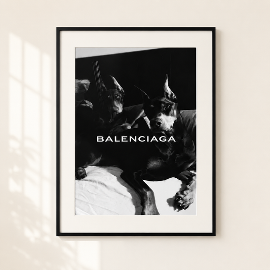 A framed black and white Balenciaga poster featuring a dramatic photo of two dogs with sunglasses, displayed on a light beige wall with soft window shadow overlays.