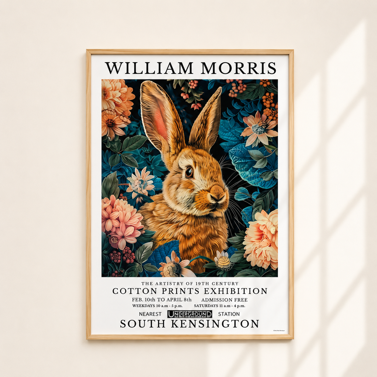 A framed art print featuring a vintage poster design with a rabbit surrounded by flowers, hung on a light beige wall with soft window shadows.