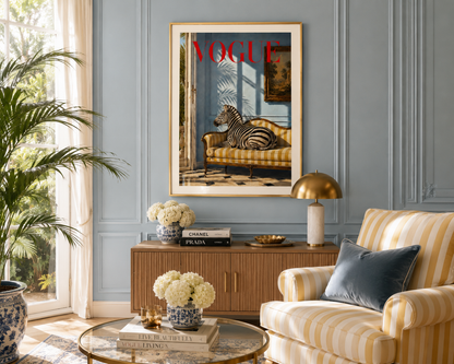 A framed art print featuring a zebra on a striped chaise lounge with the red Vogue logo, displayed on a light blue paneled wall in a styled living room setting.
