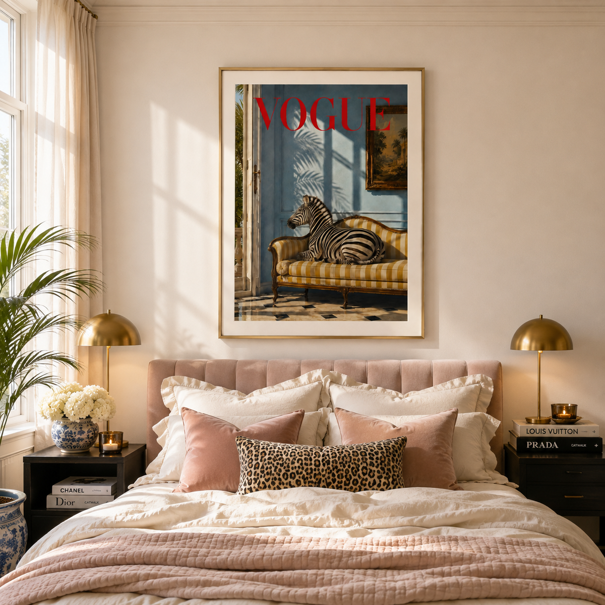 A framed art print featuring a zebra on a striped chaise with the word 'VOGUE' in red, displayed on a beige wall above a styled bed with pink and leopard-print pillows in a sunlit bedroom.
