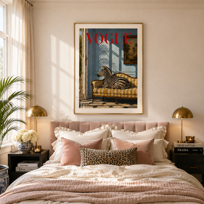 A framed art print featuring a zebra on a striped chaise with the word 'VOGUE' in red, displayed on a beige wall above a styled bed with pink and leopard-print pillows in a sunlit bedroom.