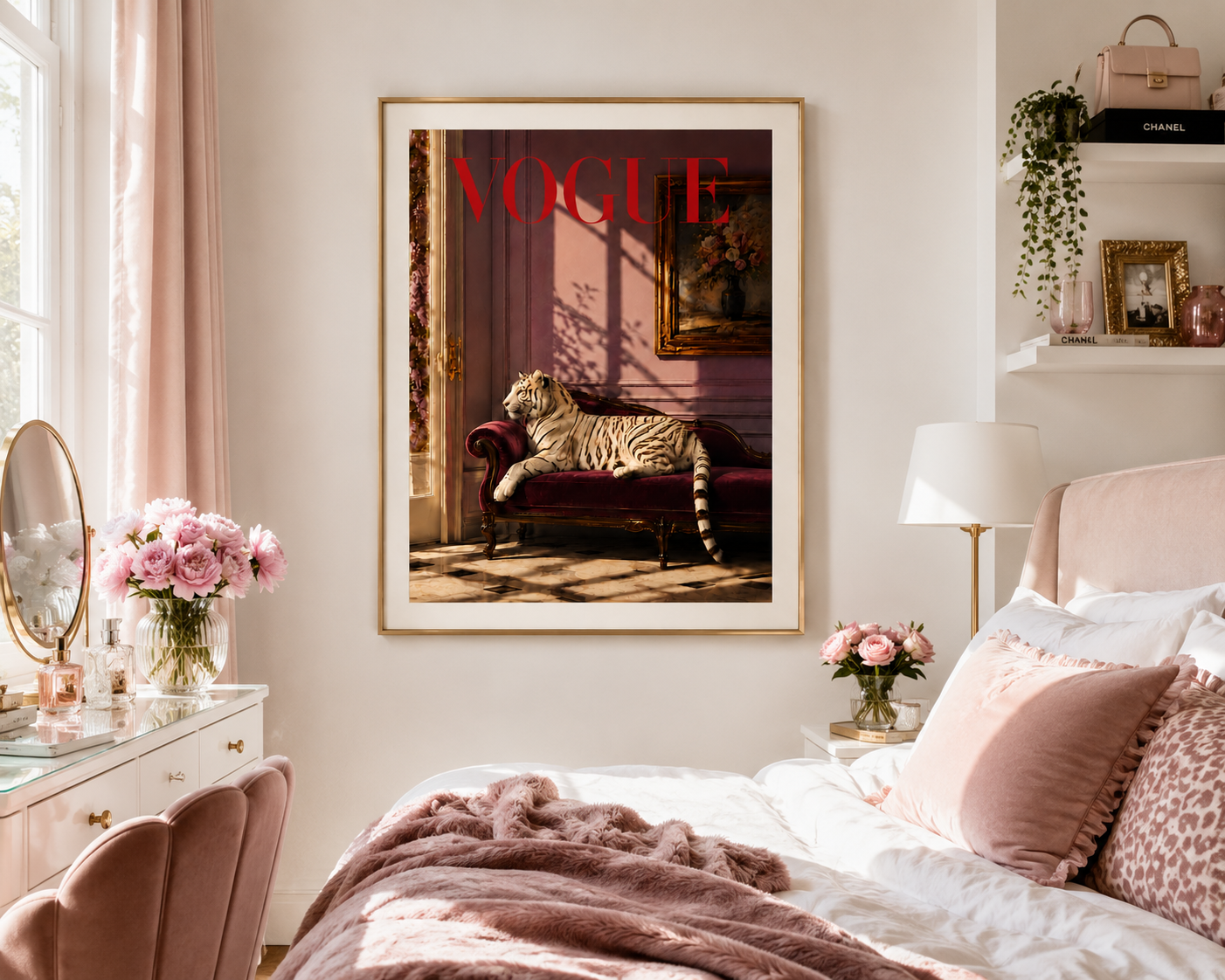 A framed Vogue magazine cover art print featuring a tiger on a chaise lounge, displayed on a bedroom wall above a bed with pink bedding and pillows.