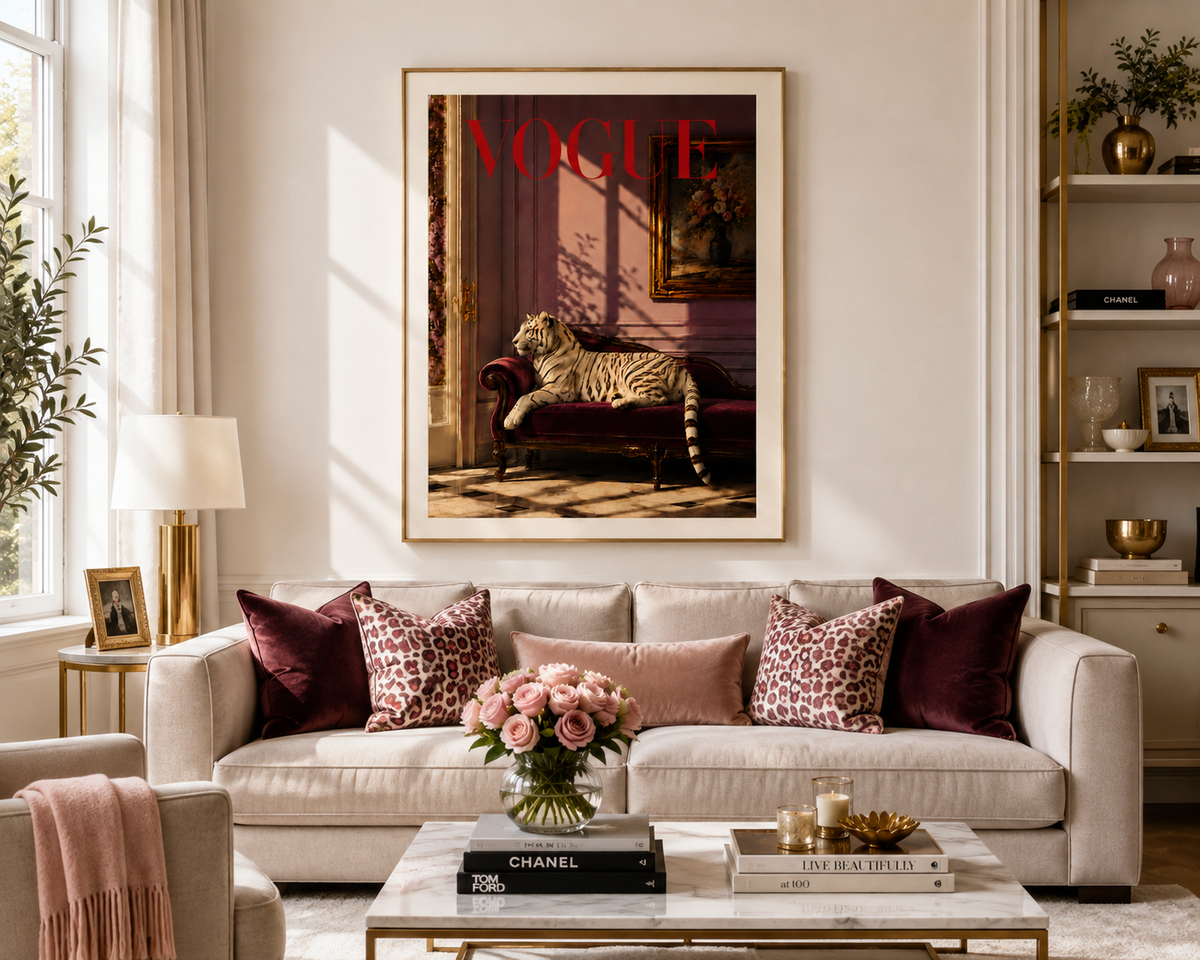 A framed Vogue magazine cover art print featuring a leopard on a chaise lounge, hung on a beige wall above a light beige sofa in a styled living room.