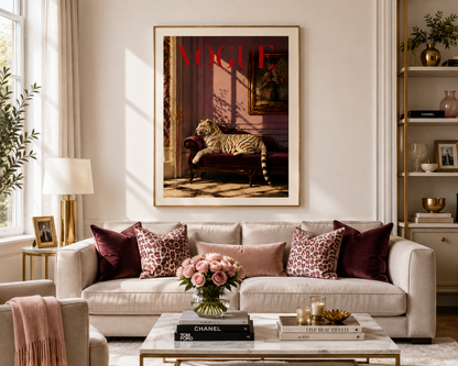 A framed Vogue magazine cover art print featuring a leopard on a chaise lounge, hung on a beige wall above a light beige sofa in a styled living room.