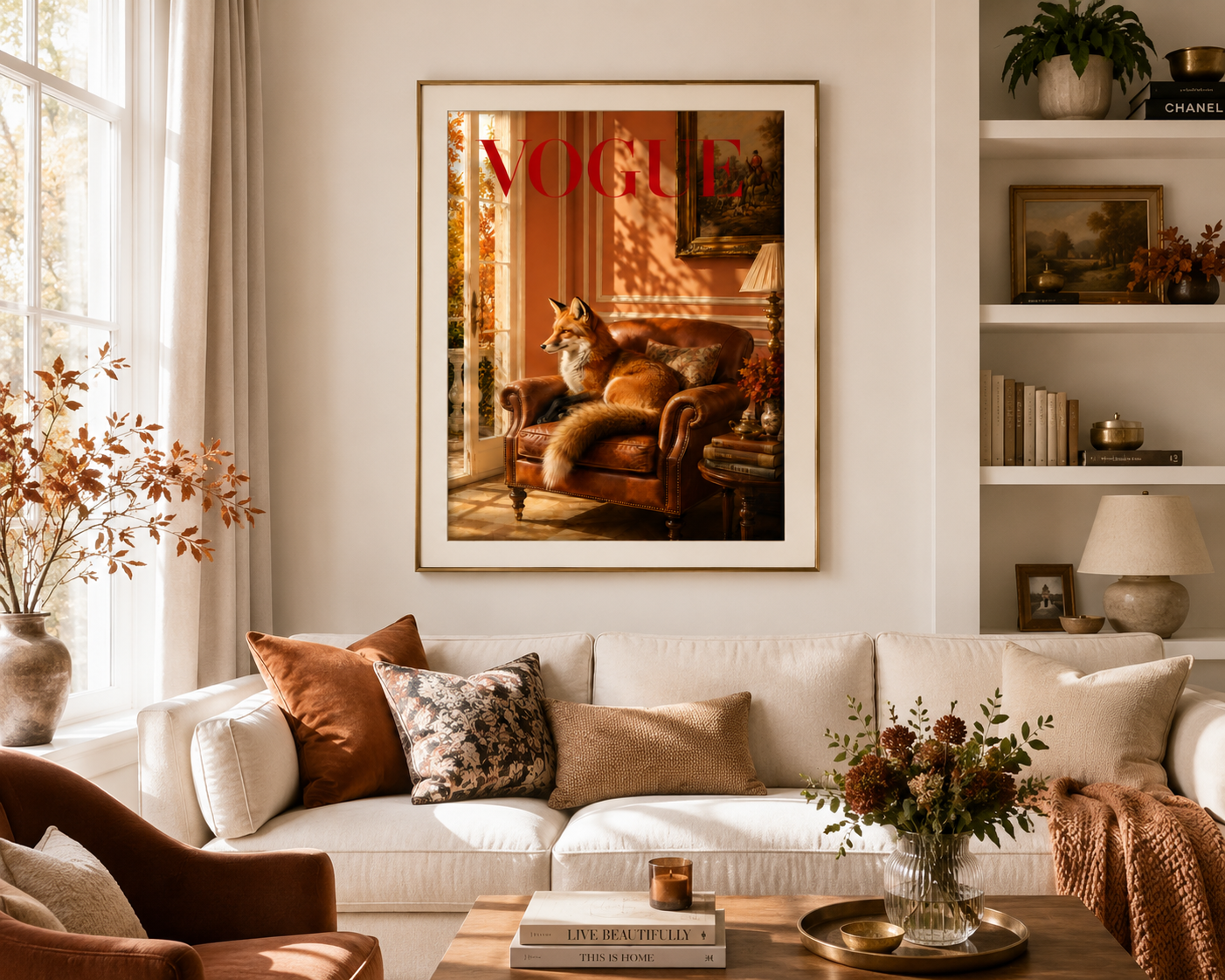 A framed art print featuring a fox lounging in an armchair with the word 'VOGUE' in red at the top, displayed on a wall in a styled living room with a white sofa, decorative pillows, and a coffee table.