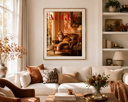 A framed art print featuring a fox lounging in an armchair with the word 'VOGUE' in red at the top, displayed on a wall in a styled living room with a white sofa, decorative pillows, and a coffee table.