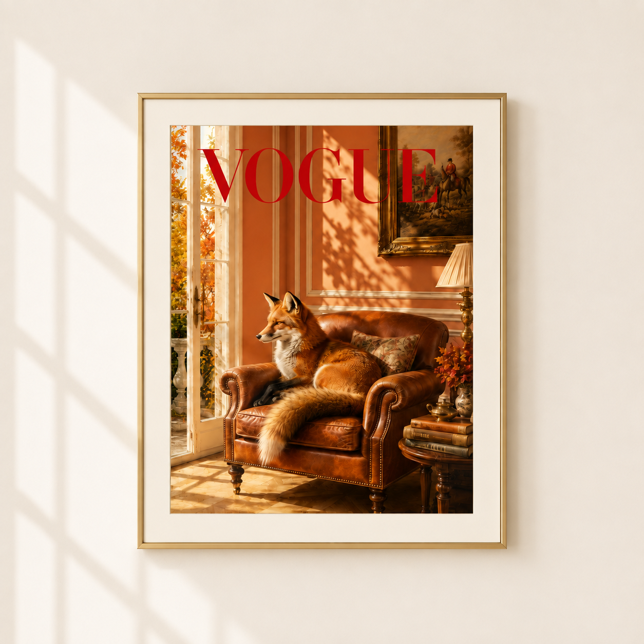 A framed art print featuring a fox lounging on a leather armchair in a warm room, styled like a VOGUE magazine cover. The print has a white mat, a gold frame, and is displayed on a beige wall with soft window shadow patterns.