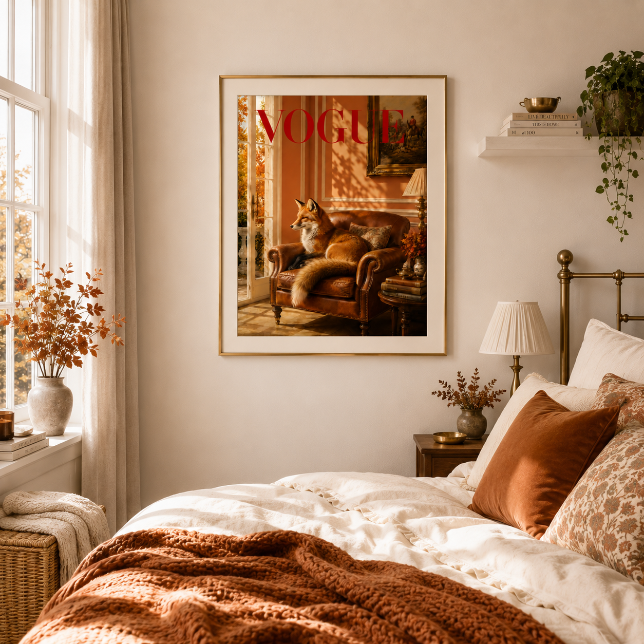 A framed art print of a vintage Vogue magazine cover featuring a fox on a leather armchair, styled on a beige wall above a bed with warm brown and white bedding in a cozy bedroom setting.