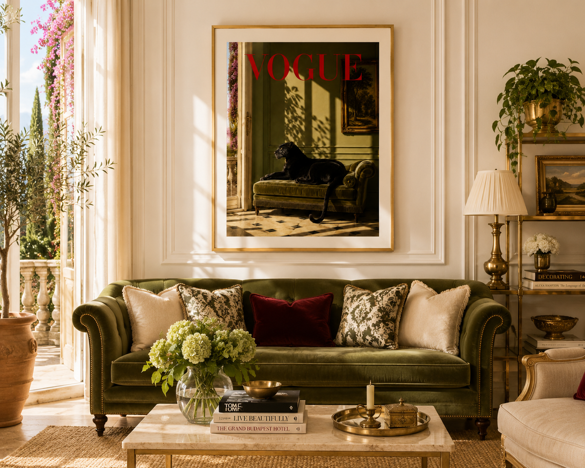 A framed Vogue magazine cover art print featuring a black Panther on a green chaise, displayed on a cream wall above a green velvet sofa in a beautifully styled living room.