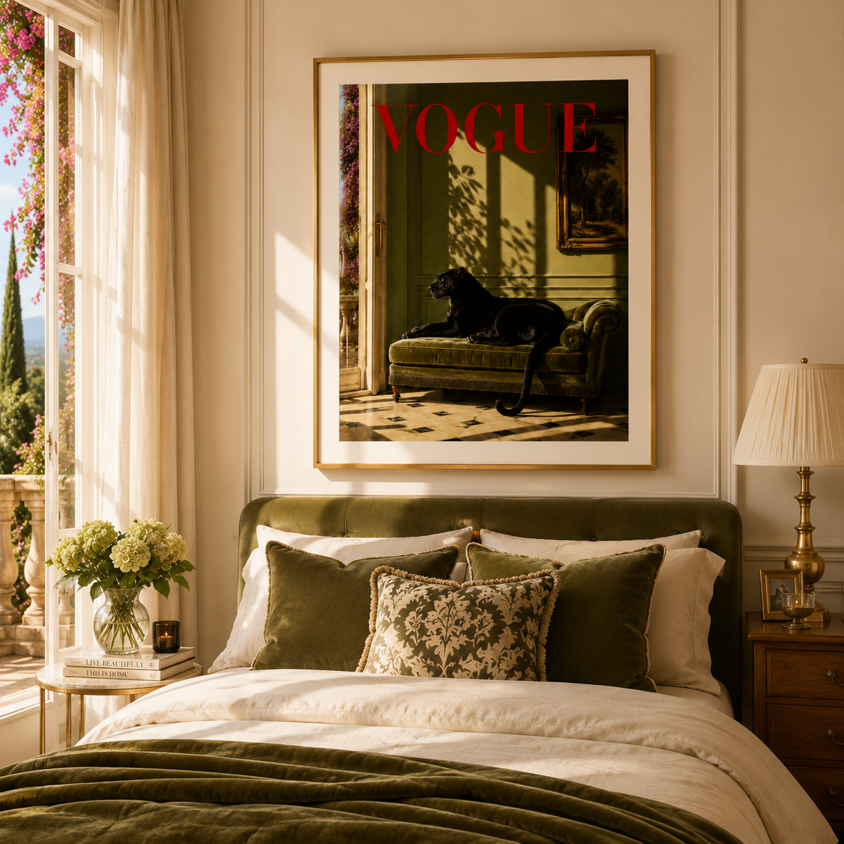 A framed art print featuring a black panther lounging on a chaise with the word 'VOGUE' in red, displayed on a beige wall above a green velvet bed in a styled bedroom.