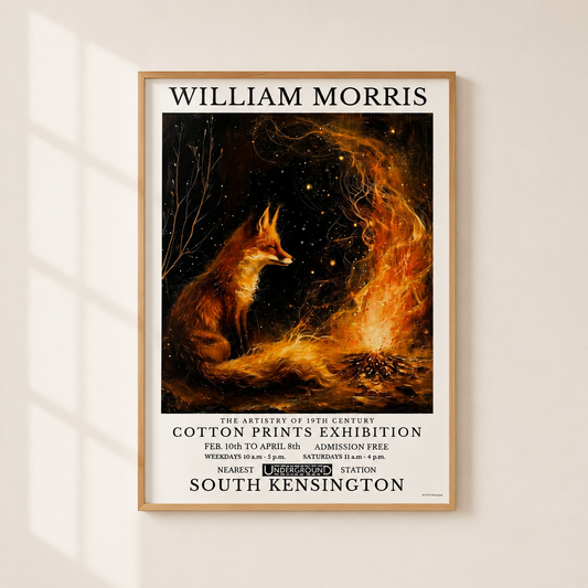 A framed vintage-style poster featuring William Morris artwork of a fox beside a burning cabin, hung on a light beige wall with soft window-shadow lighting.
