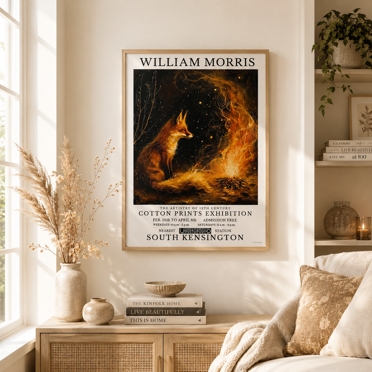 A framed vintage-style poster hanging on a cream wall in a styled interior. The poster features William Morris artwork with a fox and fiery orange and black tones, plus exhibition text.