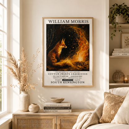 A framed vintage-style poster hanging on a cream wall in a styled interior. The poster features William Morris artwork with a fox and fiery orange and black tones, plus exhibition text.