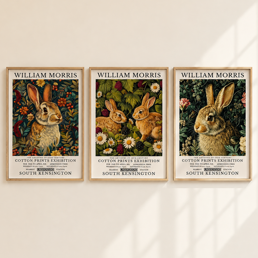 Three framed William Morris rabbit art prints are displayed side-by-side on a warm beige wall with soft diagonal shadows. Each print features a detailed vintage illustration of rabbits in a floral setting with text reading 'WILLIAM MORRIS' and 'COTTON PRINTS EXHIBITION SOUTH KENSINGTON'.