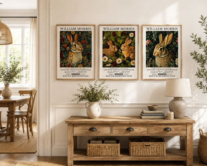 Three framed William Morris rabbit art prints hang on a white wall above a rustic wooden console table in a styled room interior.