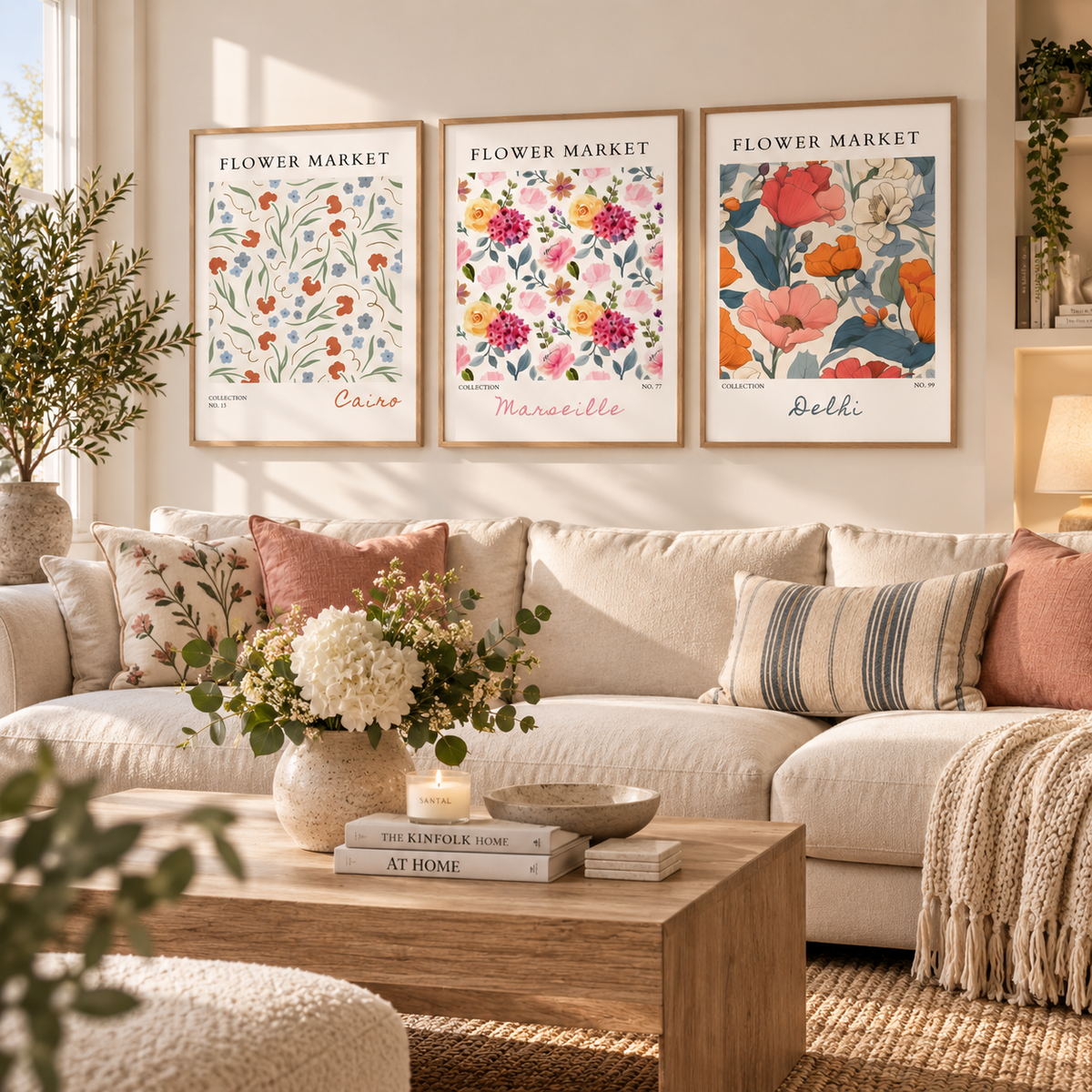Three framed floral art prints labeled Carro, Marseille, and Bello hang above a cream sofa in a bright, styled living room with pillows, a wooden coffee table, and plants.